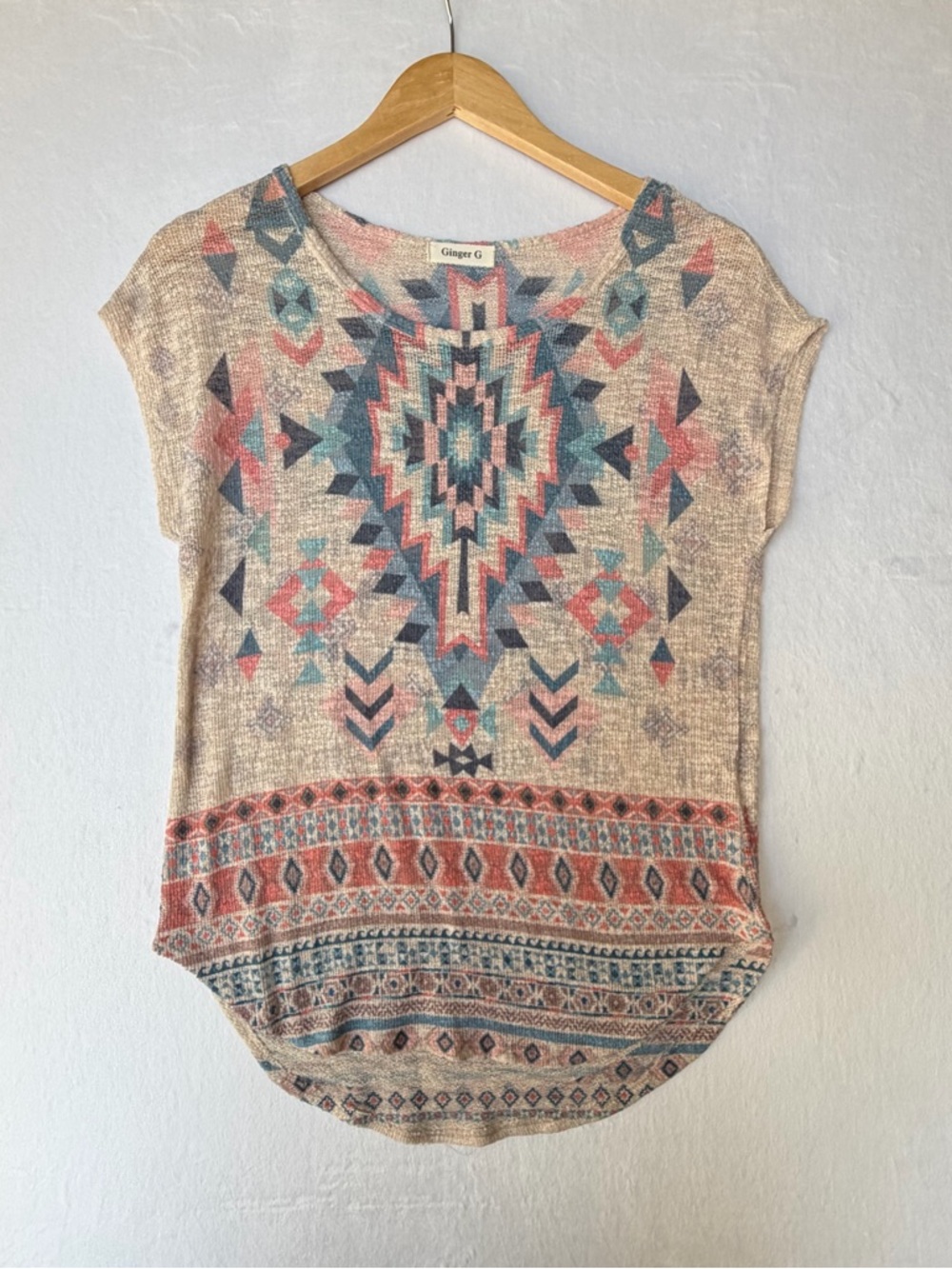 Ginger G Aztec-Print Short Sleeve Top in Beige, Coral & Teal